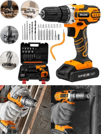 粉色无绳 21V 锂离子电钻驱动器套装，含 1 块电池、充电器和收纳袋 - 粉色丝带