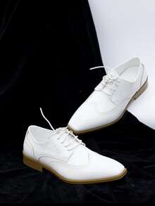 Premium Men's Formal Shoes, Derby Oxfords, Shoes, Lace-Up, Fashionable , Perforated Embroidery Mesh Design, Comfortable, Luxurious, Formal Dress, Wedding, Suitable For Various Occasions, All Season - White - View 5