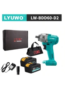 LYUWO 电动工具，可充电锂电池 21V 电动扳手，800N.M 高扭矩，带 LED 灯，顺时针和逆时针旋转，可在汽车维修以及各种家庭和商业制造场景中高效工作。4.0Ah 容量电池，国际标准充电器 - 質感藍 - 查看 13