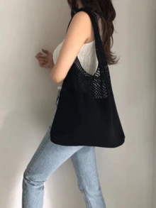 Hollow Crochet Bag, Large Capacity Shopping Bag, Women's Woven Shoulder Bag - Black - View 3