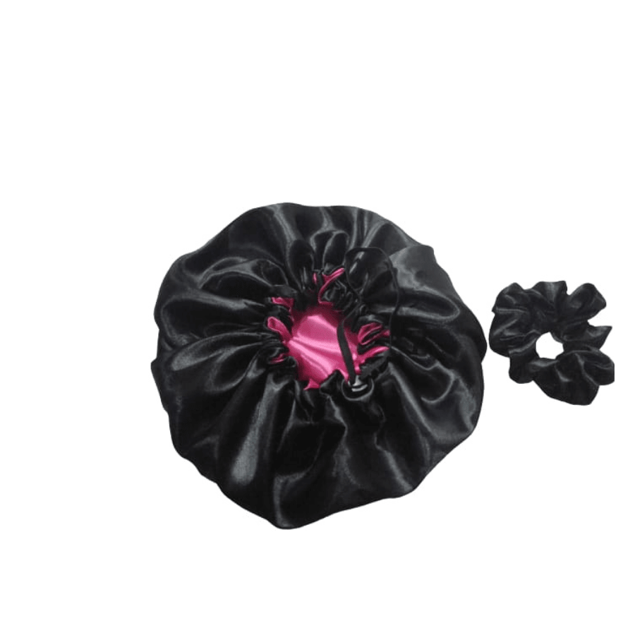 1 touca de cetim dupla face toca de cetim preta com pink xuxinha preta