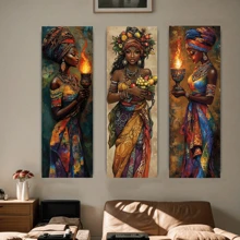 Juego de 3 impresiones de arte en lienzo de mujeres africanas, estilo clásico art déco - con o sin marco, pósteres de arte mural moderno, decoración de pared de tinta colgante, orientación retrato, uso interior/exterior, ideal para sala de estar, dormitorio, comedor - pósteres de alta calidad y resistentes a la decoloración