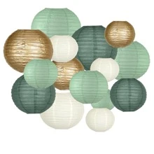 15 Peças Decorações de Lanternas de Papel Redondas Douradas/Marfim/Verde Sálvia, Lanternas de Papel Suspensas para Festa Rústica, Chá de Panela, Casamento, Suprimentos de Festa de Aniversário Verde Sálvia