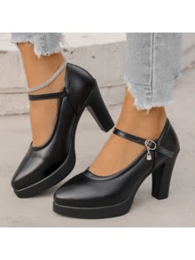 Tacones altos de punta con slip-on de talla grande, estilo británico, tacón grueso, con correa, zapatos de moda versátiles para mujer, primavera y otoño - Negro - Ver 4