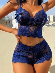 Short Doll Lace Bold Versatile With Sensual Openings Lingerie - Navy Blue - View 3