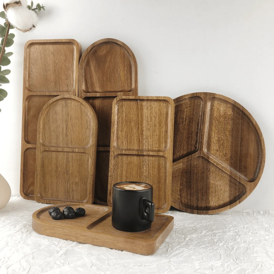 Acacus Wood Rectangular/Elliptical/Circular Trays, Geometric Patterns, Food Safety Service Trays, Dried Fruits, Snacks, Tea - Versatile Home Decoration Accessories, Easter, Halloween, Thanksgiving, St. Patrick's Day, Valentine's Day, Functional Decoration | Classified Design | Outdoor Kitchenware, Gifts - Mocha Brown - View 1