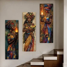 Juego de 3 impresiones de arte en lienzo de mujeres africanas, estilo clásico art déco - con o sin marco, pósteres de arte mural moderno, decoración de pared de tinta colgante, orientación retrato, uso interior/exterior, ideal para sala de estar, dormitorio, comedor - pósteres de alta calidad y resistentes a la decoloración
