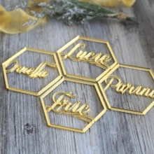 Acrylic Hexagon Wedding Place Cards - Personalized Hexagon Shapes – Laser Cut Names, Geometric Wedding Signs, Place Cards In Side Hexagon, Wedding Place Cards, Custom Laser-Cut Names, Name Tags, Party, Decoration, Gift, Place Setting Signs,Acrylic And Wood
