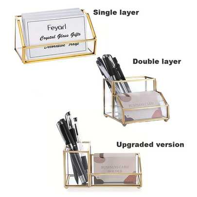 1个玻璃名片夹兼笔筒，用于收纳办公名片和笔，超透明展示，桌面收纳整理，优雅现代的办公桌配件，适用于专业工作空间，经久耐用的晶莹剔透玻璃材质，是馈赠同事和客户的理想之选，节省空间，多隔层名片笔筒适合纤薄的办公桌，保持身份证和名片整齐有序，提升展示效果。