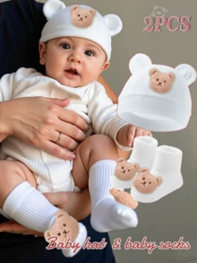 Bộ 2 mũ len và tất hình gấu cho trẻ sơ sinh, mềm mại và thoải mái, bộ quà tặng dễ thương cho trẻ sơ sinh bé trai và bé gái, sử dụng hàng ngày - Nhiều màu - Xem 1