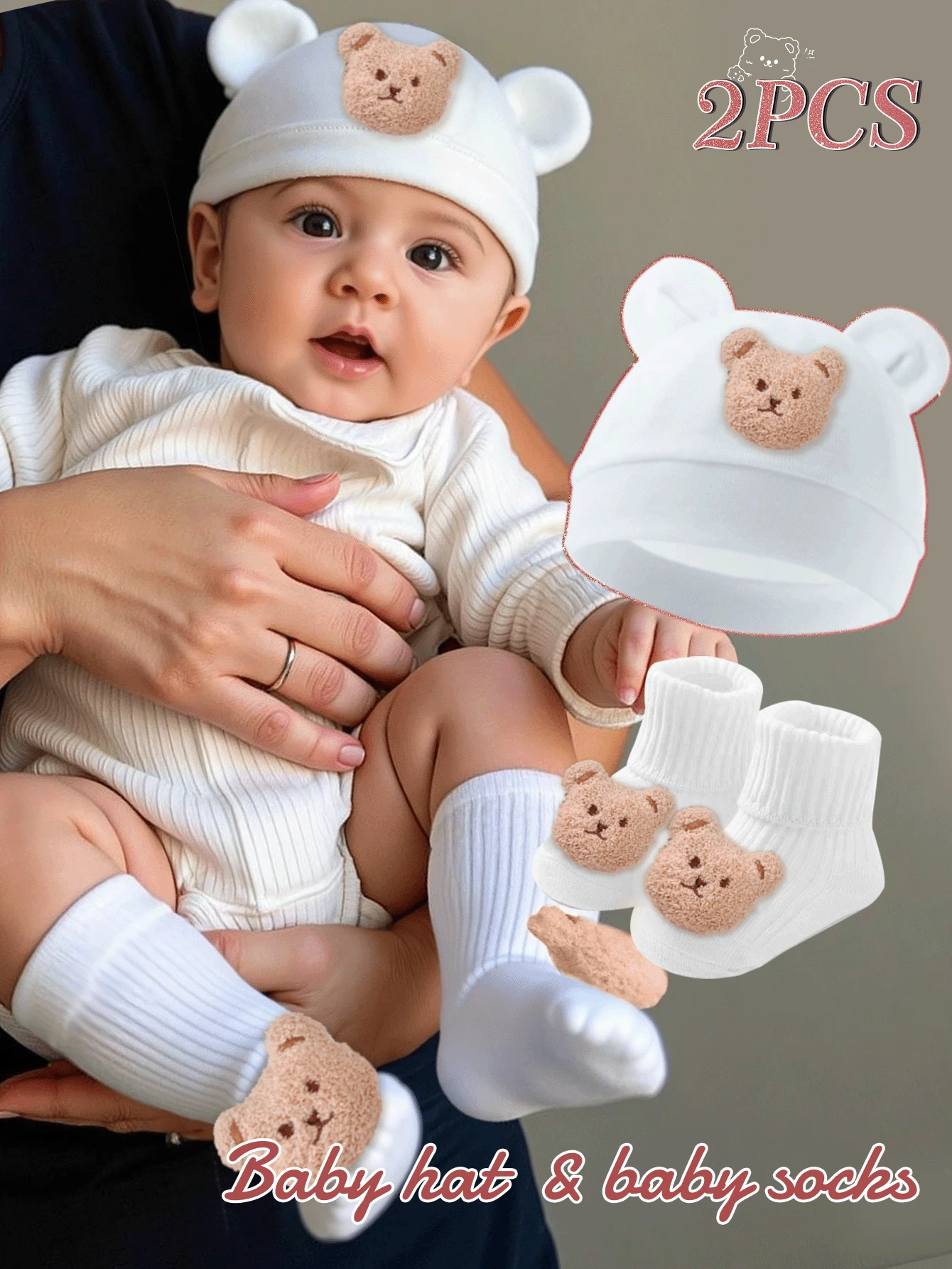 Bộ 2 mũ len và tất hình gấu cho trẻ sơ sinh, mềm mại và thoải mái, bộ quà tặng dễ thương cho trẻ sơ sinh bé trai và bé gái, sử dụng hàng ngày - Nhiều màu - Xem 1