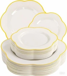 50PCS White Plastic Plates - The Best Disposable Plates - White And Gold Plastic Plates Include 25PCS White Dinner Plates, 25PCS White Dessert Plates For Easter&Baby Shower Gifts&Parties&Mother's Day. - 白色 - 查看 8