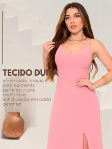 Long Plain Dress With Slit And Adjustable Straps For Wedding Party Bridesmaid Guest - 淺粉色 - 查看 4