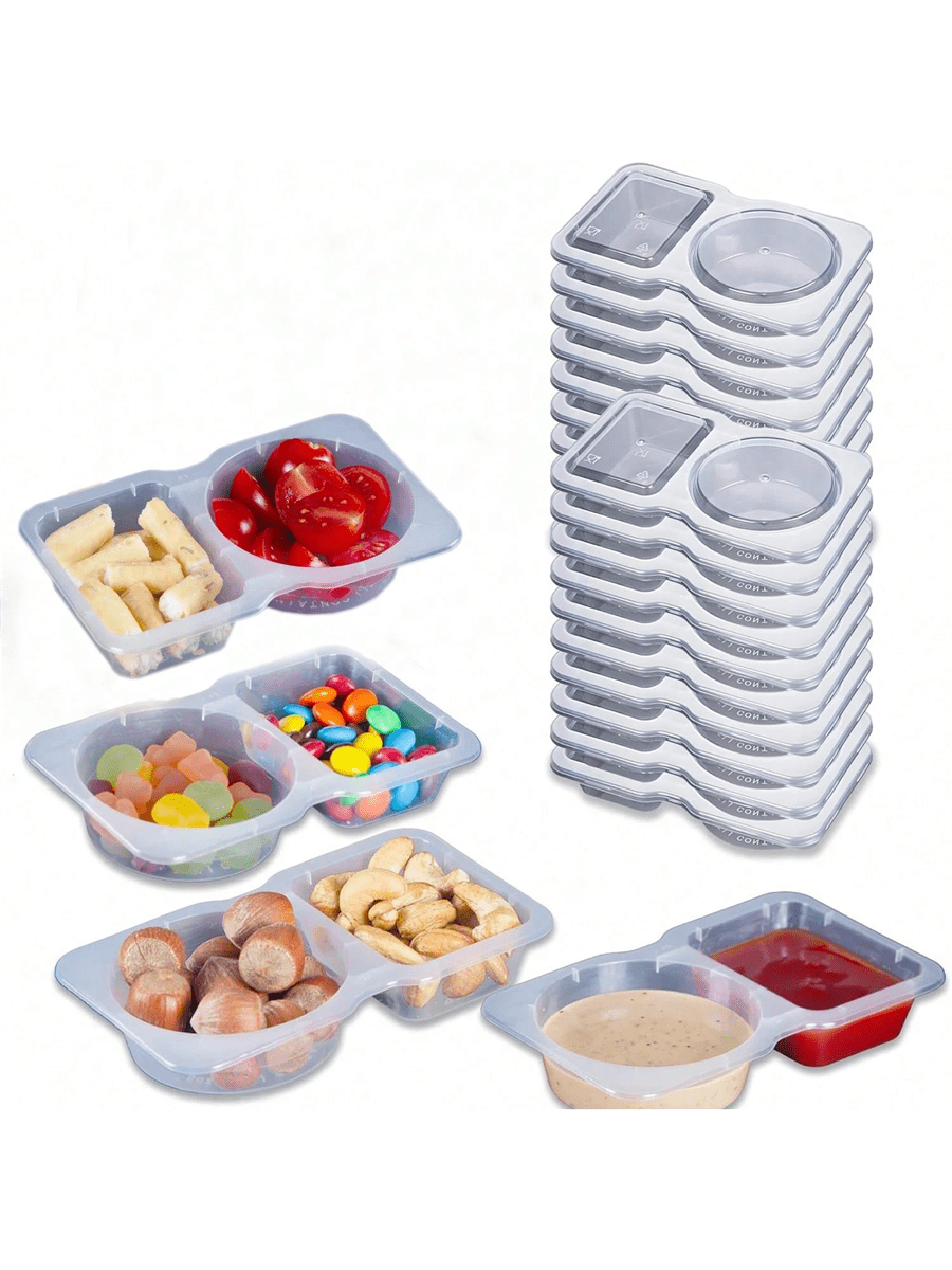 5/10/20 pièces Récipient à condiments à double compartiment avec couvercle Récipients à collation à double compartiment Récipients à collation à double compartiment pour sauce à emporter, échantillonnage, collation de voyage (transparent)
