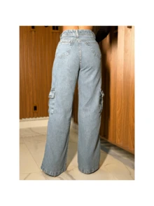 Women's Wide Cargo Jeans, Street Fashion, Premium 100% Cotton - 藍色 - 查看 2