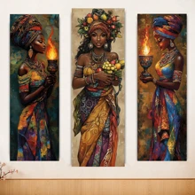 Juego de 3 impresiones de arte en lienzo de mujeres africanas, estilo clásico art déco - con o sin marco, pósteres de arte mural moderno, decoración de pared de tinta colgante, orientación retrato, uso interior/exterior, ideal para sala de estar, dormitorio, comedor - pósteres de alta calidad y resistentes a la decoloración