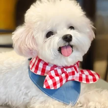 Fashionable INS-Style Colorblock Denim Bow-Tie Pet Bib Scarf, Essential For Adorable Pets