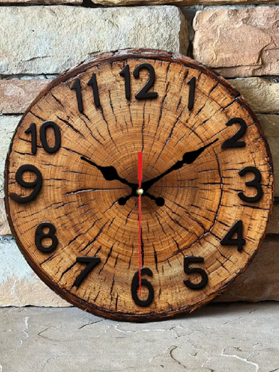 Pc 10 Inch/12 Inch 2D Round Wooden Wand Klok Visible Wood Grain Growth Ring Classic Zwart Numbers s, Home, Office, Cafe Living Room Clock, Flat Bedroom Dormitory Back To School Surprise Home Supplies view 5