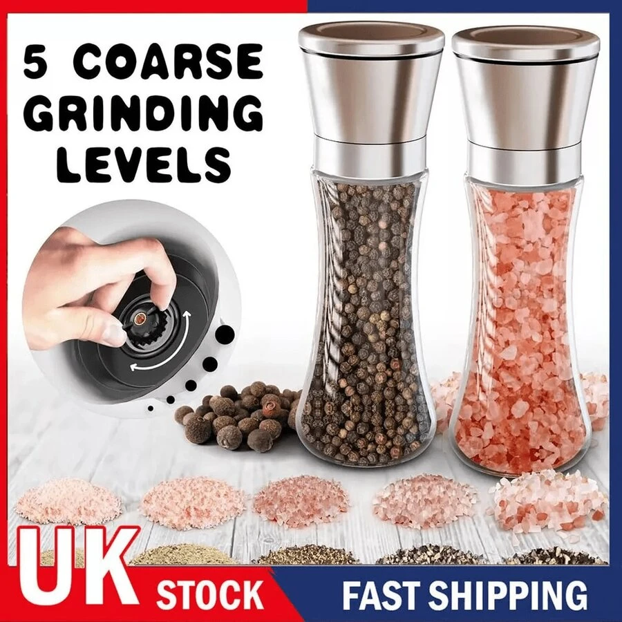 Salt Pepper Grinder Stainless Steel Glass Shaker Adjustable Mill Coarse Tool UK - Silver - View 1