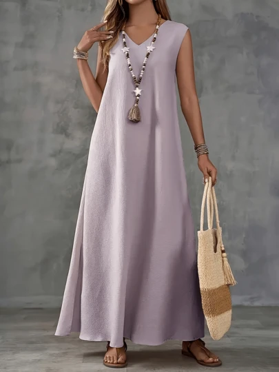 母亲节纯色时尚无袖V领侧开衩长裙，女士春夏季休闲连衣裙，适合度假