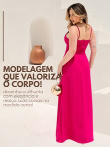 Long Plain Dress With Slit And Adjustable Straps For Wedding Party Bridesmaid Guest - 玫紅色 - 查看 3