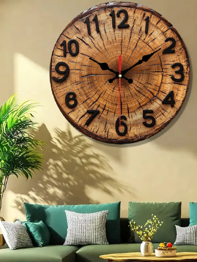 Pc 10 Inch/12 Inch 2D Round Wooden Wand Klok Visible Wood Grain Growth Ring Classic Zwart Numbers s, Home, Office, Cafe Living Room Clock, Flat Bedroom Dormitory Back To School Surprise Home Supplies view 2