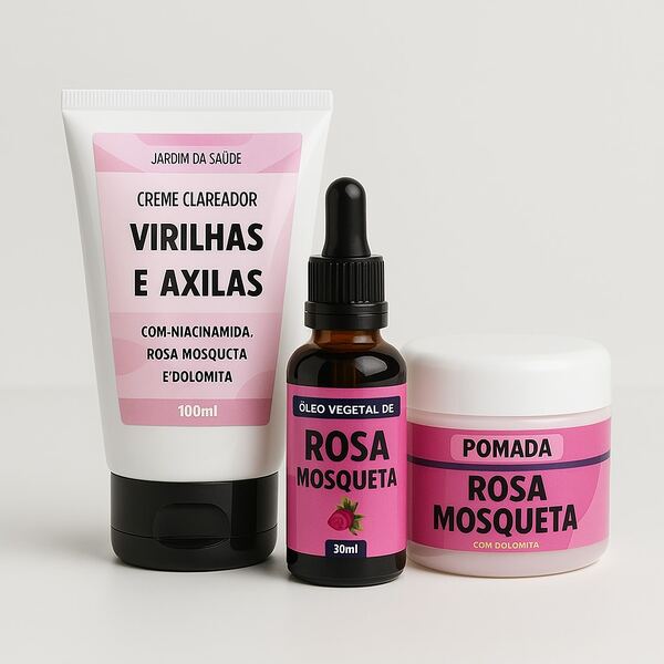 Kit Creme Clareador Virilhas e Axilas + Pomada Clareadora de Rosa Mosqueta + Óleo de Rosa Mosqueta 100% Puro | Clareamento Natural da Pele