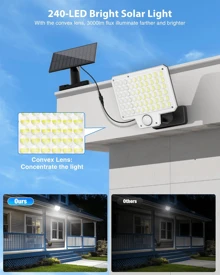 GHUSTAR Applique murale solaire, 240 LED, 3 000 lumens, éclairage d'extérieur sensible au mouvement avec télécommande, projecteur solaire étanche IP65, convient pour garages, patios, etc., lot de 2