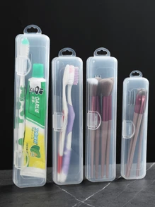 1 pièce Boîte de rangement portable transparente pour brosse à dents, boîte anti-poussière, boîte de rangement pour crayon à sourcils. Boîte de rangement pour brosse à dents de voyage moderne en plastique transparent. Ensemble de support pour brosse à dents et dentifrice de voyage. Rentrée scolaire
