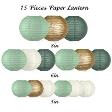 15 Peças Decorações de Lanternas de Papel Redondas Douradas/Marfim/Verde Sálvia, Lanternas de Papel Suspensas para Festa Rústica, Chá de Panela, Casamento, Suprimentos de Festa de Aniversário Verde Sálvia