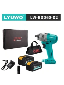 LYUWO 电动工具，可充电锂电池 21V 电动扳手，800N.M 高扭矩，带 LED 灯，顺时针和逆时针旋转，可在汽车维修以及各种家庭和商业制造场景中高效工作。4.0Ah 容量电池，国际标准充电器 - 質感藍 - 查看 11