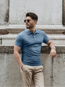 1PC Men Single Striped Trim Quarter Button Work Casual Polo Shirt, Boyfriend Gift - Grey - View 9