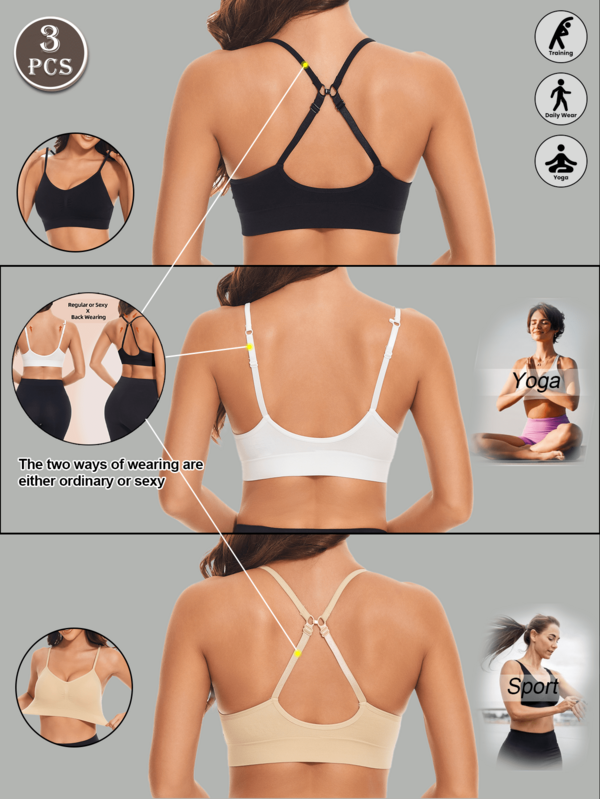 3 piezas Sujetador deportivo de unicolor para mujer, con dos formas de llevar, ya sea normal o sexy