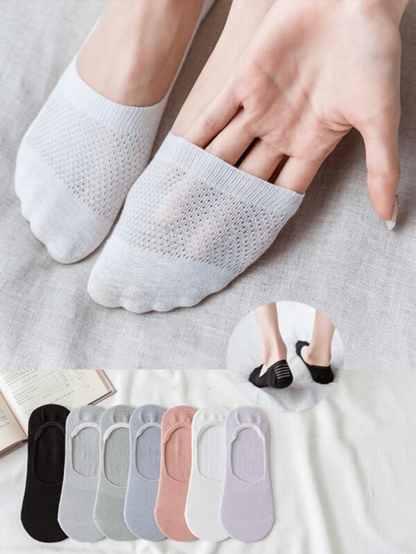 Meias femininas de malha fina e cor sólida, 6/1 peça, boca rasa, antiderrapantes de silicone, cano baixo, verão