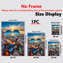 1幅彩色鹅卵石心形日落海滩帆布画 - 充满活力的墙面装饰，适用于客厅、卧室、办公室或酒吧 - 独特的礼物之选 - 色彩鲜艳的鹅卵石和晴朗天空的海岸景色，海滩主题装饰 - 帆布材质（可选画框）海岸装饰 海滩装饰 - 彩色 - 查看 4