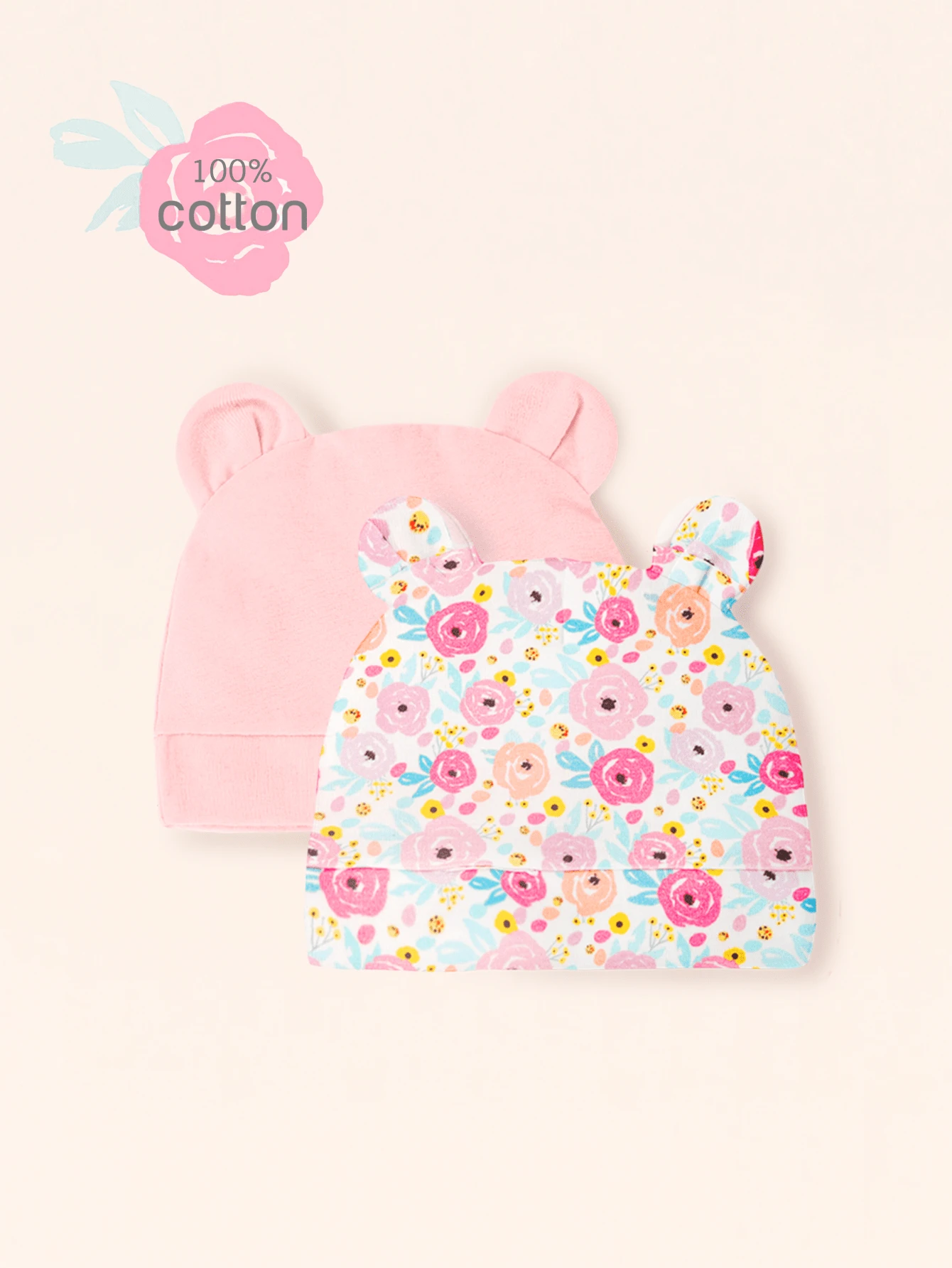 2pcs Baby Cotton Floral Print Beanie Hats, Soft Breathable Thin Style, Suitable For Newborns 0-3 Months, Boys And Girls Daily Wear - Multicolor - View 1