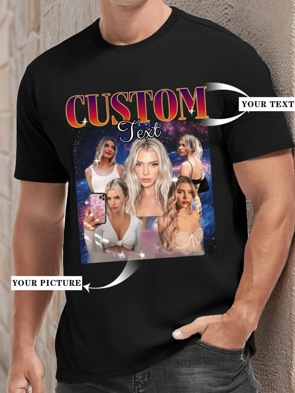 Customization Personalized Comfortable Casual Loose Fit Men's T-Shirt.Add Your Photo And Your Text/Logo .Custom Girlfriend Bootleg Shirt, Boyfriend Shirt, ShirtWith Girlfriend Face, Vintage Custom Lmage Wife Shirt,Dog Tee, Bachelorette Surprise (Family Photo/Selfie/Pet Photo/Friend Photo/Lover Photo/Girlfriend Photo/Gifts/Logo For Couples/Customizable Tee For Husband Or Boyfriend Or Girlfriend, Birthday Present And Party)