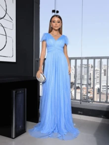 GRADUATION PARTY DRESS CEREMONIAL EVANGELICAL MODEL LIGHT SUBTLE SHINE - Baby Blue - View 2