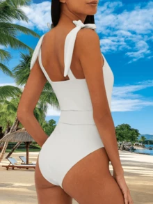 Womens Sexy One Piece Bathing Suit High Cut Knit Square Neck Tied Strappy Swimsuit With Belt - 白色 - 查看 3