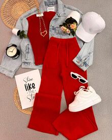 KOB SET con GORRA PANTALON Y TOP cuello O  Liso  Casual    Cremallera  Bolsillo  Canalé - Rojo - Ver 1