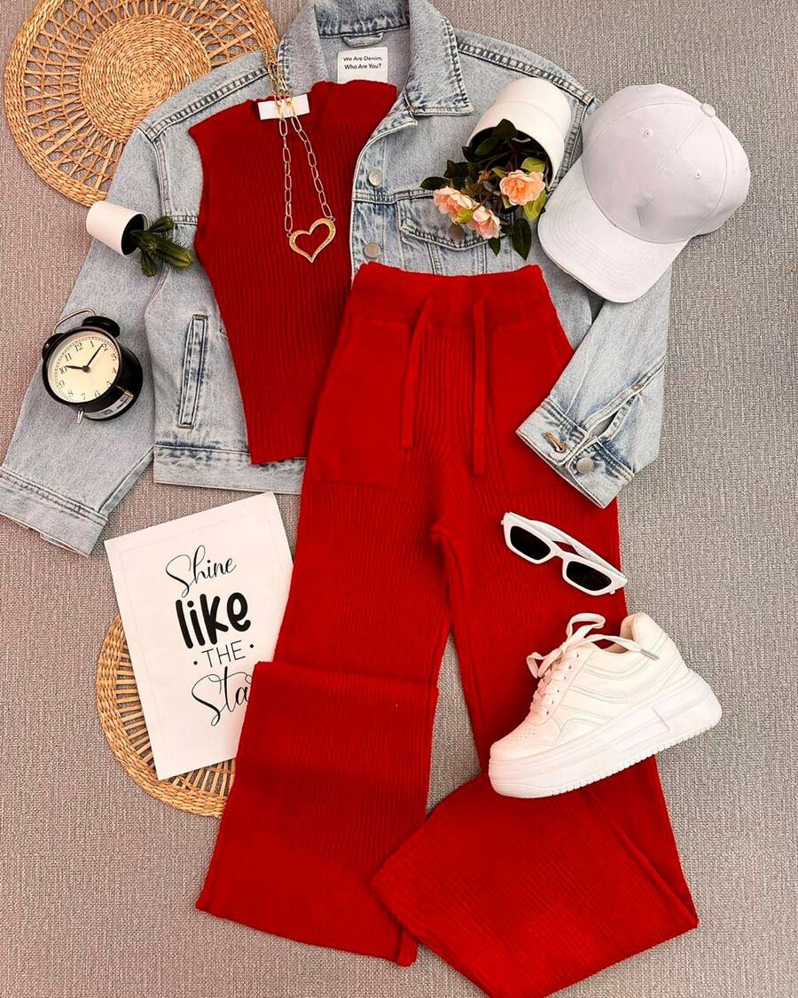 KOB SET con GORRA PANTALON Y TOP cuello O  Liso  Casual    Cremallera  Bolsillo  Canalé - Rojo - Ver 1