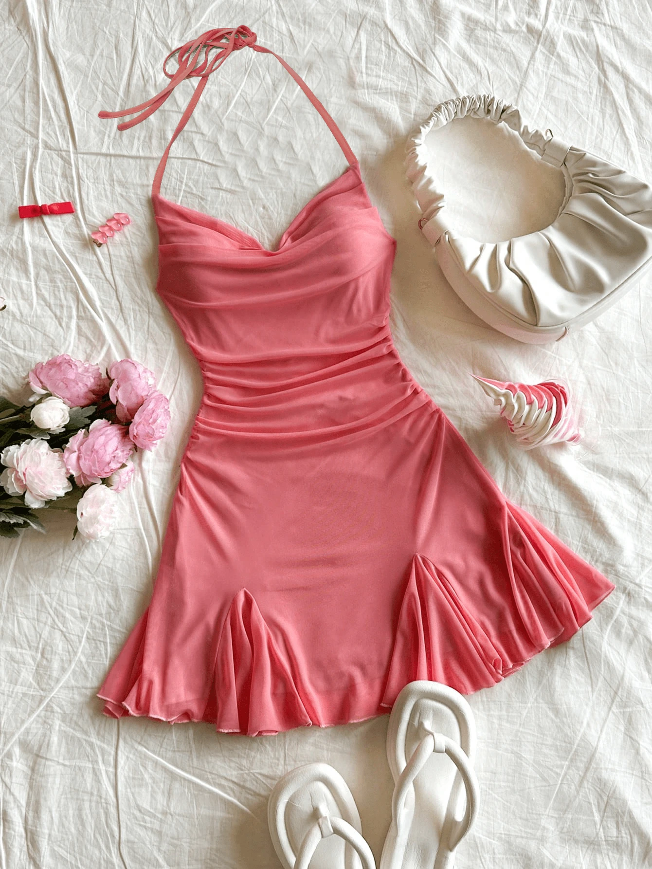 Women Solid Color Casual Backless Ruffle Pleated Mini Dress, Suitable For Summer Casual, Beach Party, Night Date - Watermelon Pink - View 1