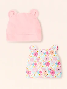 2pcs Baby Cotton Floral Print Beanie Hats, Soft Breathable Thin Style, Suitable For Newborns 0-3 Months, Boys And Girls Daily Wear - Multicolor - View 2