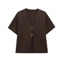 Women's Solid Color Front Button Minimalist High-End Casual Dolman Sleeve Knit Top