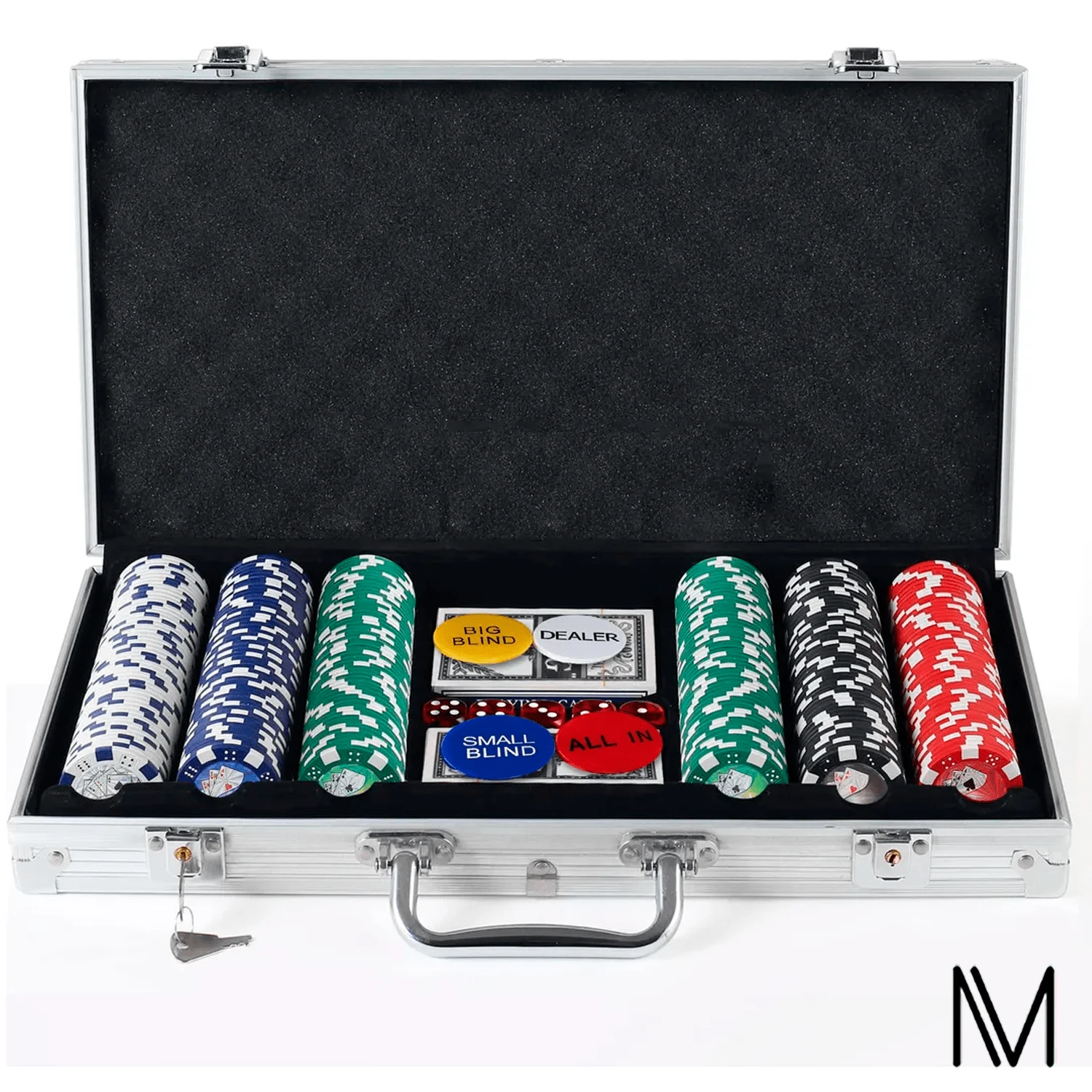 Juego de 500 fichas de poker con maletín metálico y barajas set completo para aficionados incluye accesorios resistentes y práctico para transportarse. - Plateado - Ver 1