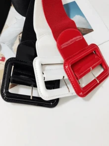 1pc Elastic Mirror Leather Wide Belt, Solid Color Minimalist Versatile Women Belts Fall, Autumn, Halloween - White - View 3