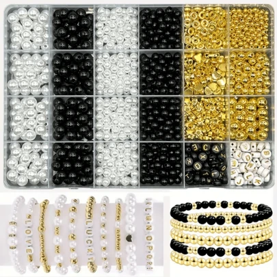 Schmuckherstellungs-Set mit schwarzen Glasperlen, enthält 6/8mm schwarze Glasperlen, 6/8mm weiße ABS-Perlen, schwarze/weiße Buchstabenperlen und verschiedenes Schmuckherstellungs-Zubehör für Armbänder, Halsketten, Ohrringe, Handyanhänger und Basteleien