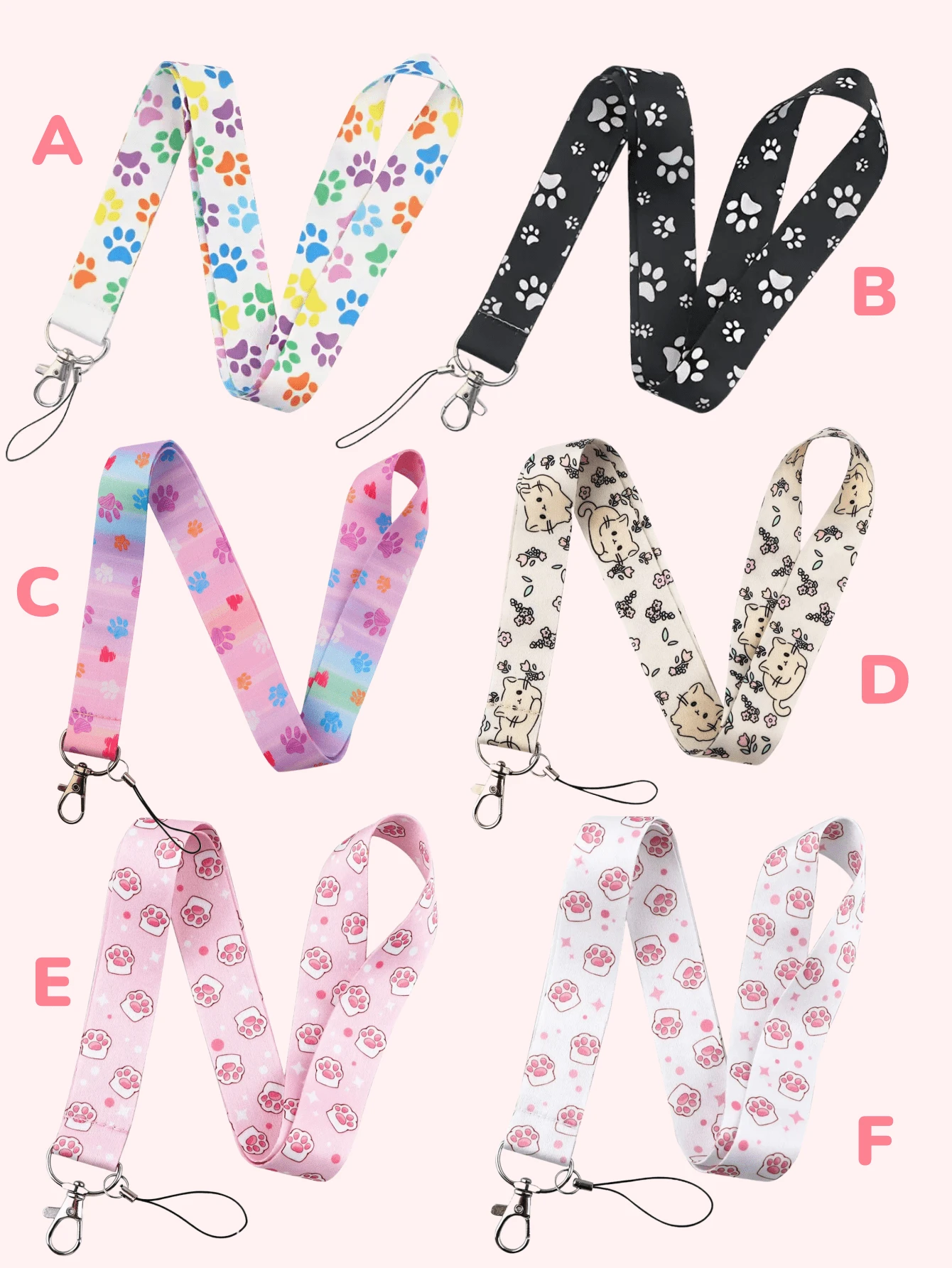 1 件可爱猫爪图案颈绳/黑白猫爪图案颈绳/可爱猫爪颈绳/粉色猫爪颈绳，适用于手机挂绳、游戏机、相机挂绳、证件挂绳、通行证、交通卡、工作证、场地证书、音乐会、鸡尾酒会等。非常适合男朋友、女朋友