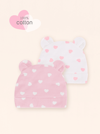 2pcs/1pc Newborn Baby Cotton Heart Print Beanie Hat, Soft, Breathable, Suitable For Baby Boys And Girls 0-6 Months Old Daily Use