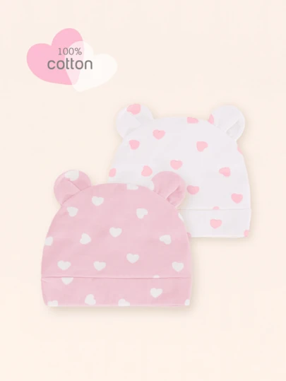 2 st/1 st mössa med hjärtmönster i bomull för nyfödda, mjuk, andningsbar, lämplig för pojkar och flickor 0-6 månader gamla, daglig användning